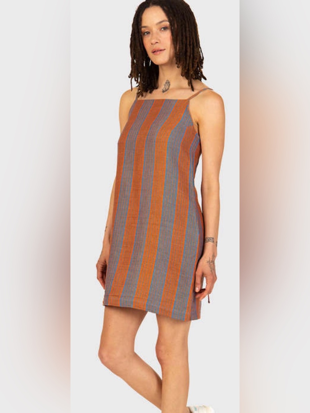 Back Beat Co Apron Dress Mini 100% Linen Vertical Stripes Size Small